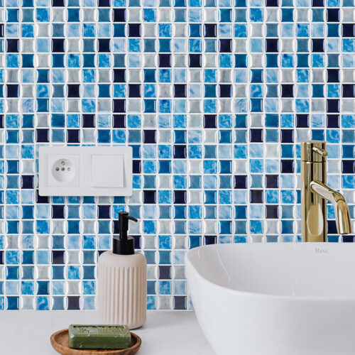 blue square tile backsplash bathroom