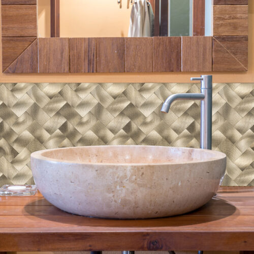 copper herringbone subway tile backsplash bathroom