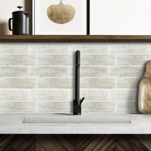 faux wooden vinyl tiles behind sink backsplash