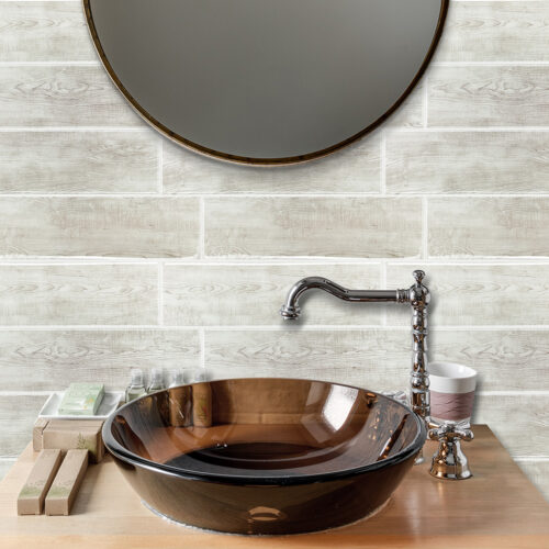 faux wooden vinyl tile backsplash bathroom