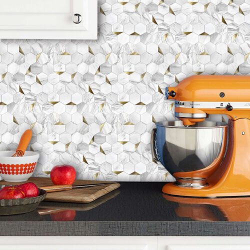 grey marble with metal mixed hexagon tile backsplash kitchen