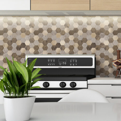 peel and stick PVC and brushed copper mixed mosaic tile backsplash kitchen