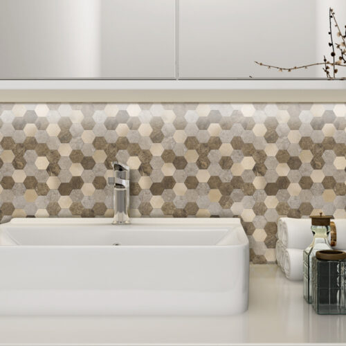 peel and stick hexagon mosaic tile backsplash bathroom