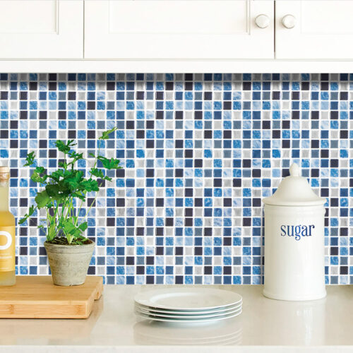 blue square mosaic tile backsplash kicthen