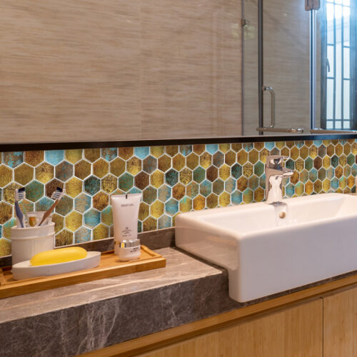 bronze backsplash tile bathroom