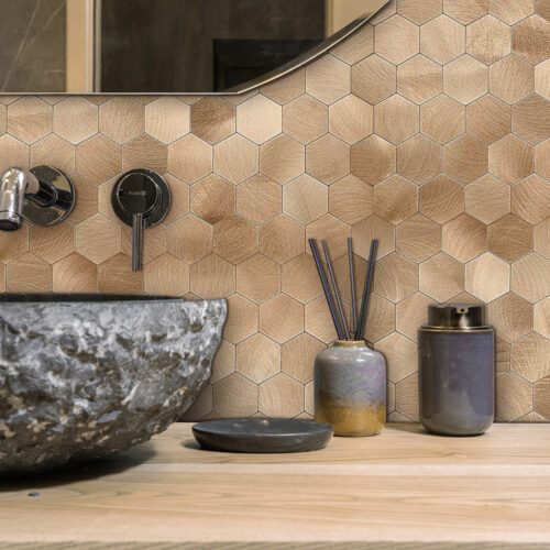 copper hexagon tile backsplash bathroom