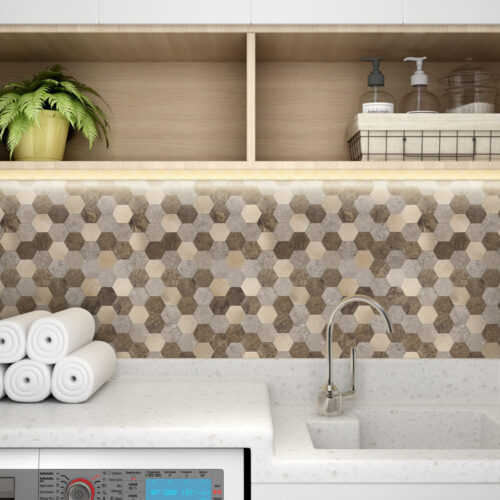 peel and stick hexagon PVC and brushed copper mixed mosaic tile backsplash laundry room