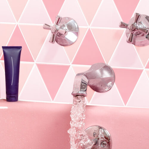 pink triangle mosaic backsplash tile