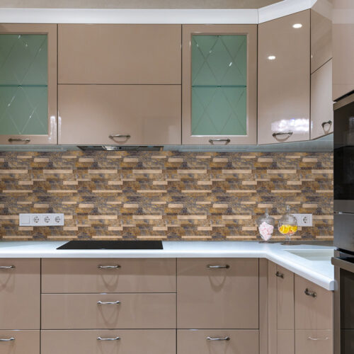 rust texture with metal gold tile backsplash