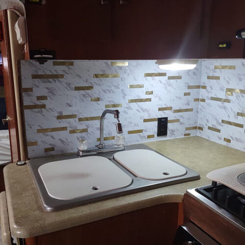 RV backsplash peel and stick white marble and copper mixed mosaic tile