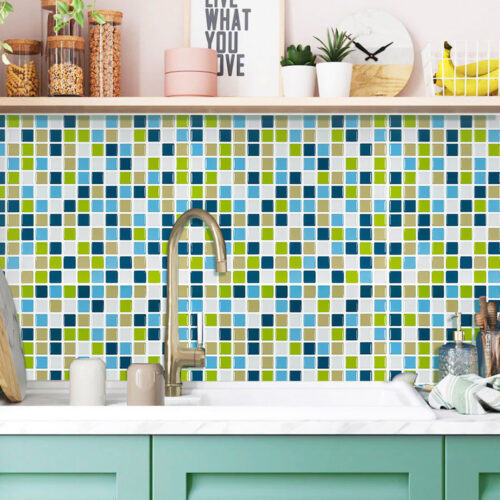 kitchen backsplash blue and green small square tile