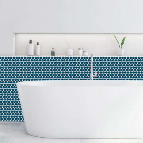 blue penny tile shower walls