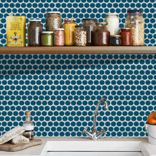 peel and stick blue penny tile for kitchen backsplash