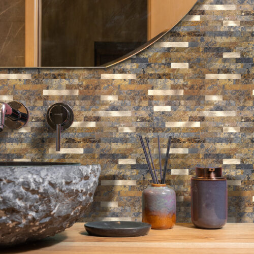 bathroom backsplash peel and stick rust brown mosaic tiles