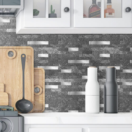 kitchen backsplash stone look linear mosaic tiles