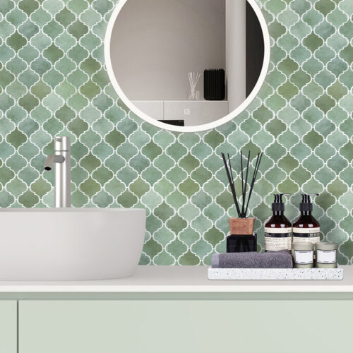 bathroom backsplash sage green arabesque vinyl tile